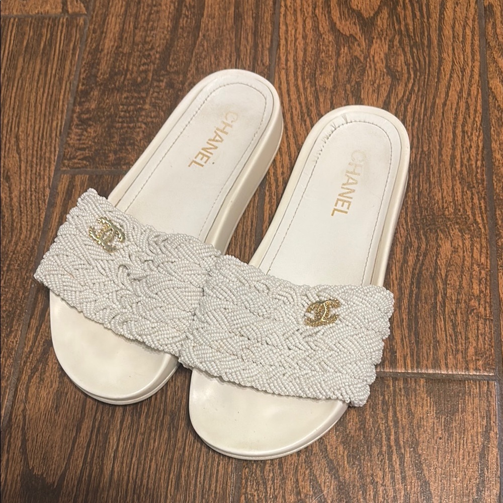 Chanel White Bouclé Slide Sandals